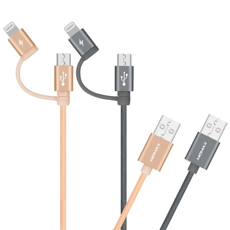 Grey - MOMAX MFI Certified 1m 2-in-1 Lightning 8Pin + Micro USB Charge Data Cable for iPhone Samsung Huawei