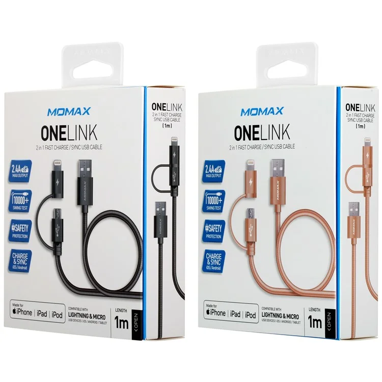 Grey - MOMAX MFI Certified 1m 2-in-1 Lightning 8Pin + Micro USB Charge Data Cable for iPhone Samsung Huawei