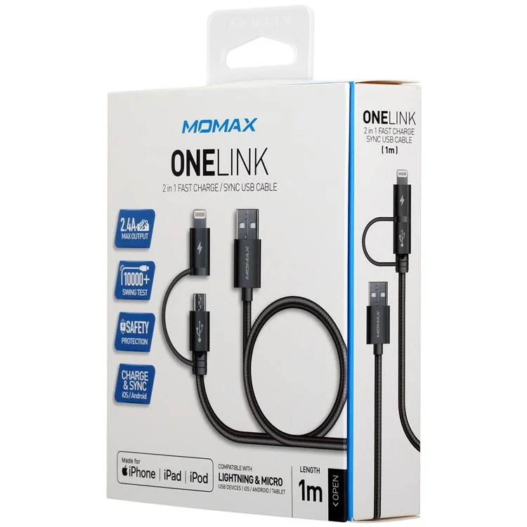 Grey - MOMAX MFI Certified 1m 2-in-1 Lightning 8Pin + Micro USB Charge Data Cable for iPhone Samsung Huawei