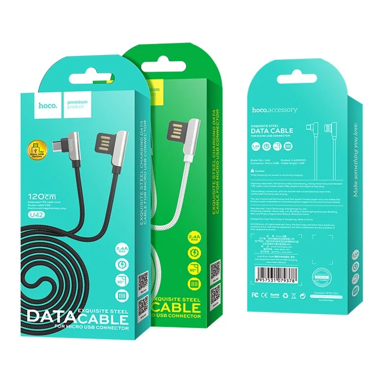 HOCO U42 Exquisite Steel Micro USB Charging Data Cable 90 Degree Right Angled 1.2m - Black