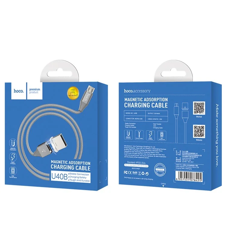 HOCO U40B 1m 2A Magnetic Micro USB Braided Data Sync Charge Cable for Samsung Huawei Etc.