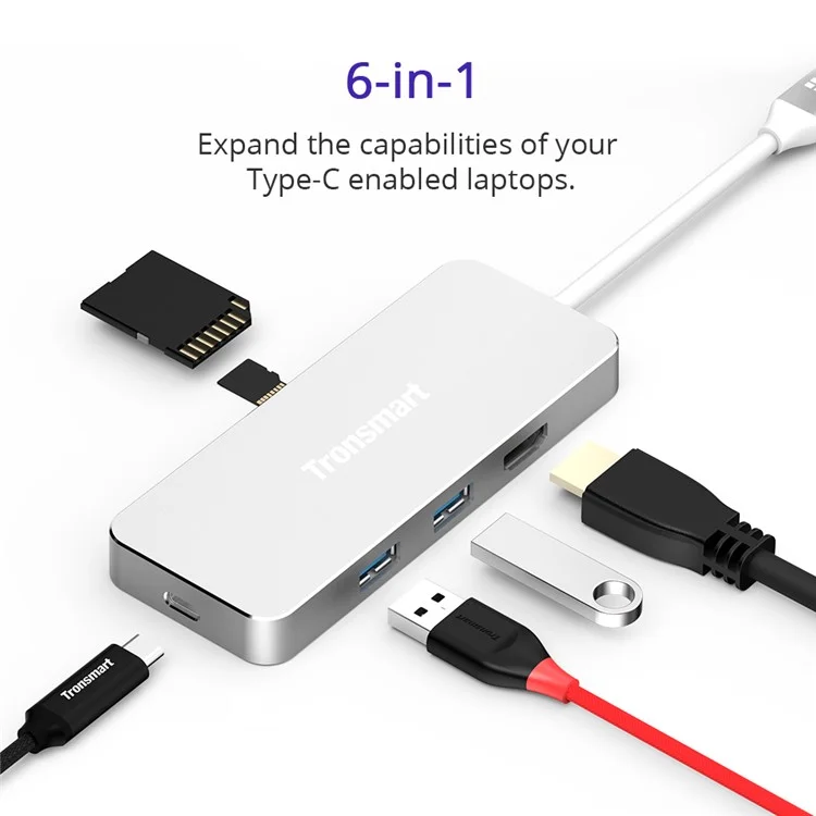 TRONSMART Aluminum Skin USB-C Adapter Converter with Type-C Charging Port, HDMI Output, SD/Micro SD Card Reader & 2 USB 3.0 Ports