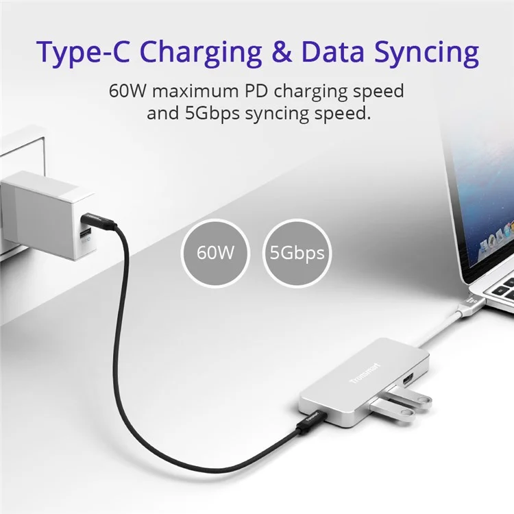 TRONSMART Aluminum Skin USB-C Adapter Converter with Type-C Charging Port, HDMI Output, SD/Micro SD Card Reader & 2 USB 3.0 Ports