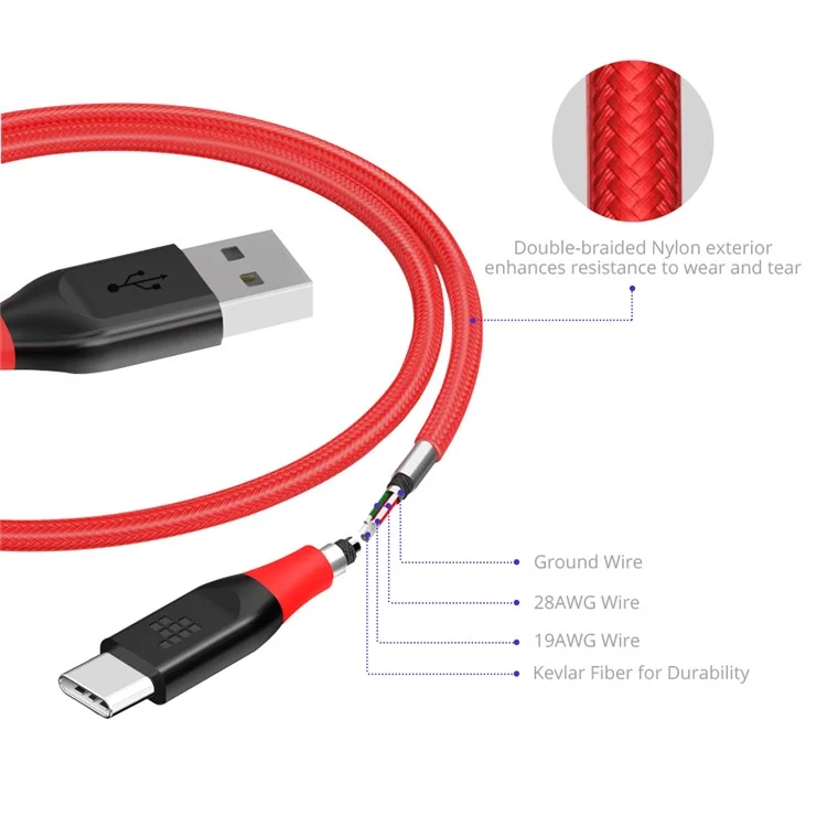 TRONSMART ATC5 USB Type-C Data Cable Charging Cord Double Braided Nylon 1m - Red