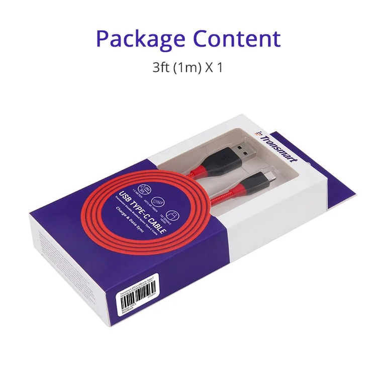 TRONSMART ATC5 USB Type-C Data Cable Charging Cord Double Braided Nylon 1m - Red