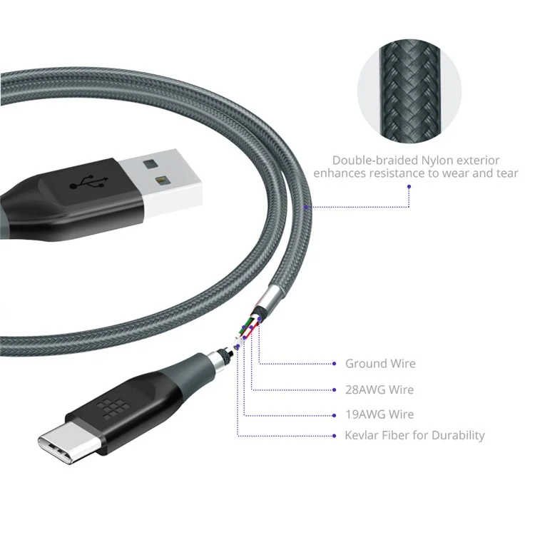 TRONSMART ATC6 Double Braided Nylon USB A to Type-C Charging Data Cable Cord - Grey