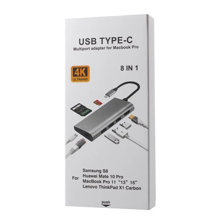 8-in-1 Type-C to HDMI + 3 x USB3.0 + SD + Micro SD + RJ45 Gigabit Ethernet LAN Network Port + USB-C Port Adapter Hub