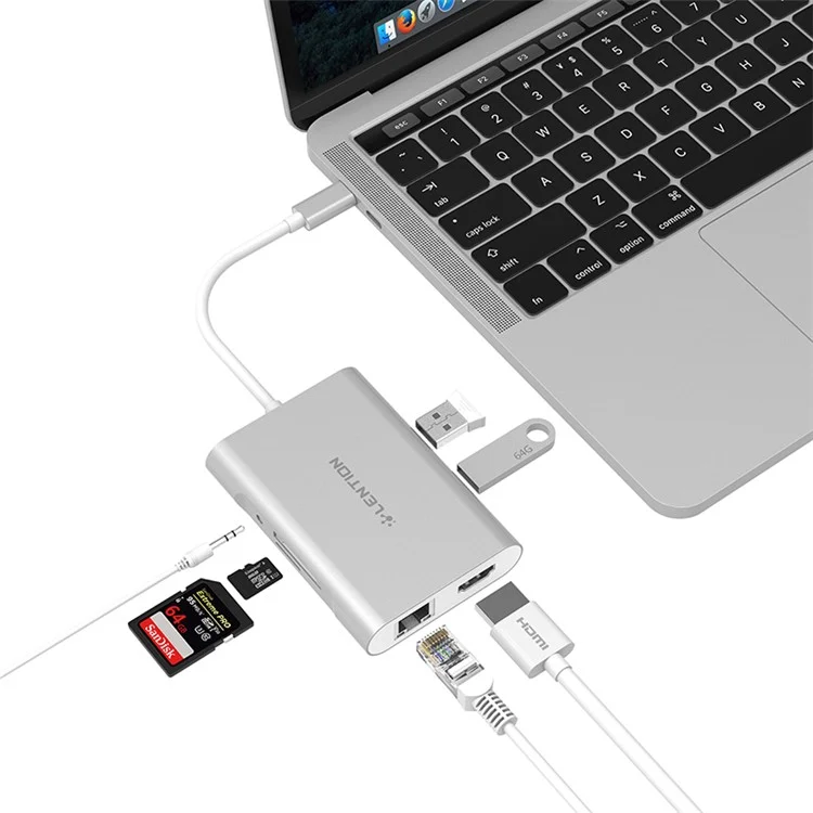 LENTION C58EHCR Type-C Hub 7-in-1 USB-C to HDMI Card Reader RJ45 PD 3.5mm Audio Port Adapter - Silver