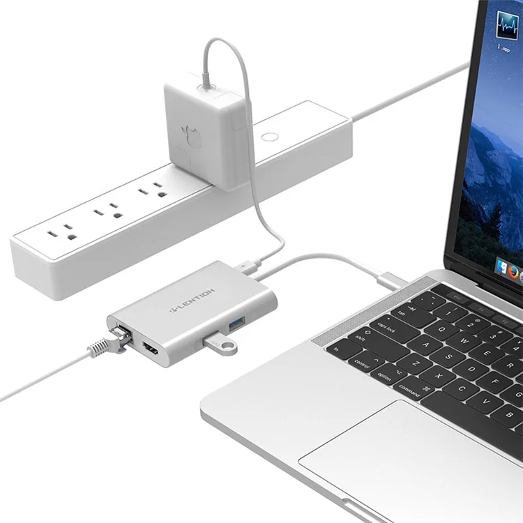 LENTION C58EHCR Type-C Hub 7-in-1 USB-C to HDMI Card Reader RJ45 PD 3.5mm Audio Port Adapter - Silver