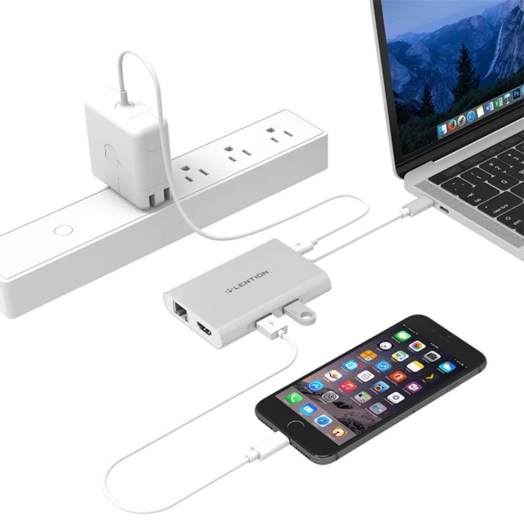 LENTION C58EHCR Type-C Hub 7-in-1 USB-C to HDMI Card Reader RJ45 PD 3.5mm Audio Port Adapter - Silver