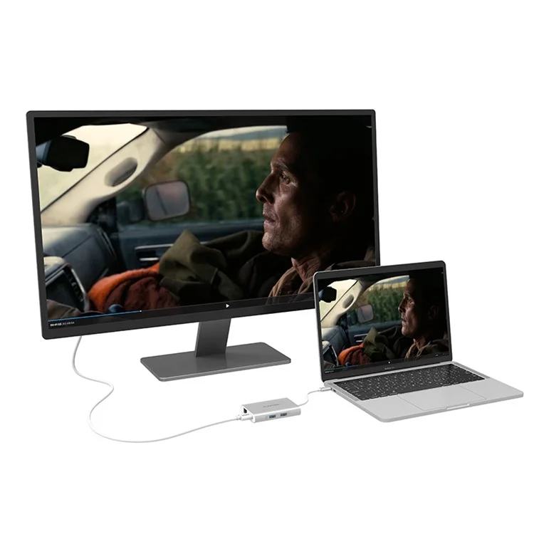 LENTION C58EHCR Type-C Hub 7-in-1 USB-C to HDMI Card Reader RJ45 PD 3.5mm Audio Port Adapter - Silver