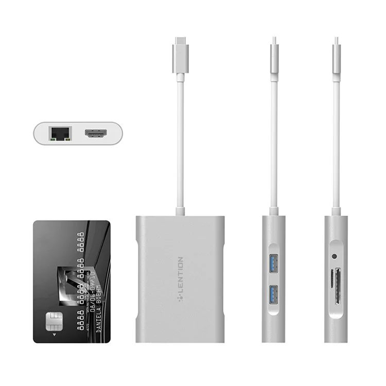 LENTION C58EHCR Type-C Hub 7-in-1 USB-C to HDMI Card Reader RJ45 PD 3.5mm Audio Port Adapter - Silver