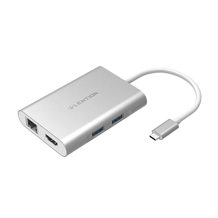 LENTION C58EHCR Type-C Hub 7-in-1 USB-C to HDMI Card Reader RJ45 PD 3.5mm Audio Port Adapter - Silver