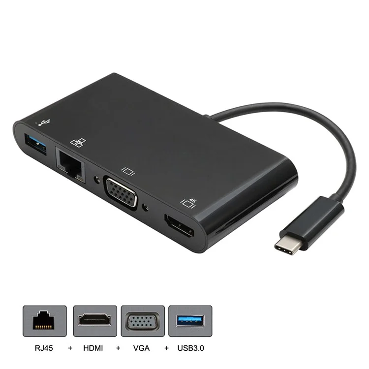 CY UC-078-WH Type-C to HDMI + VGA + RJ45 + USB3.0 Hub - Black