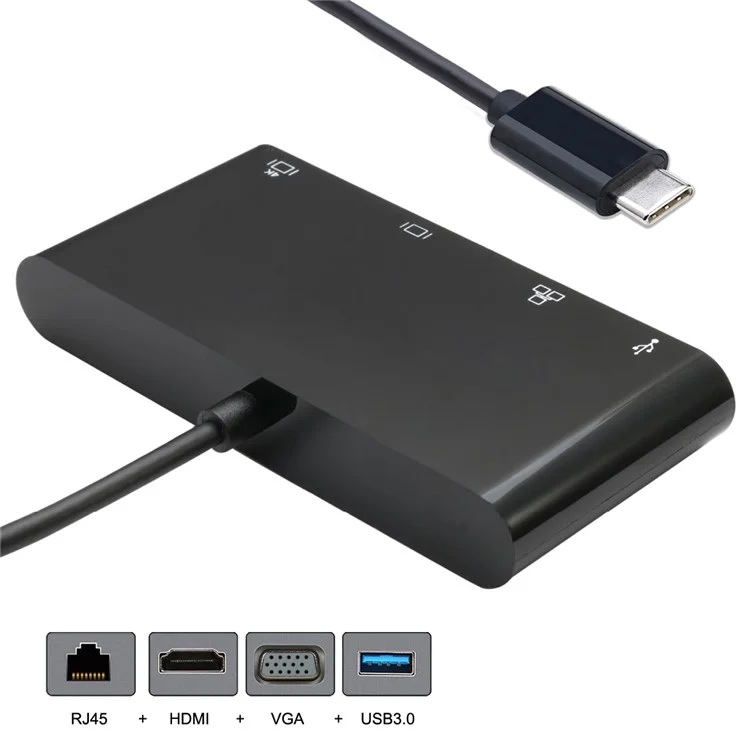 CY UC-078-WH Type-C to HDMI + VGA + RJ45 + USB3.0 Hub - Black