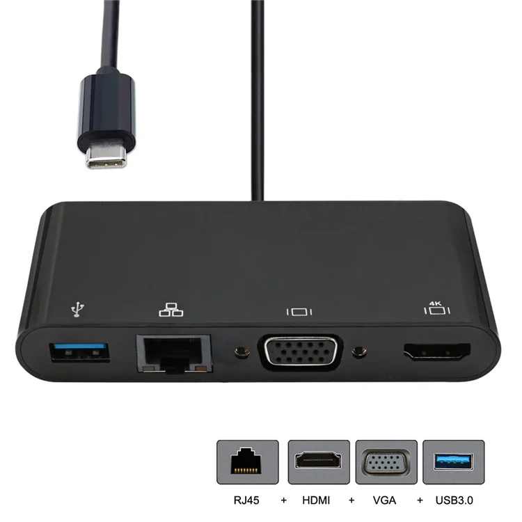 CY UC-078-WH Type-C to HDMI + VGA + RJ45 + USB3.0 Hub - Black