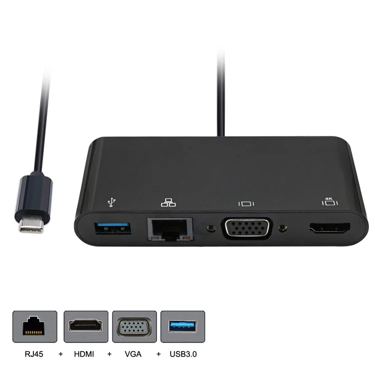 CY UC-078-WH Type-C to HDMI + VGA + RJ45 + USB3.0 Hub - Black