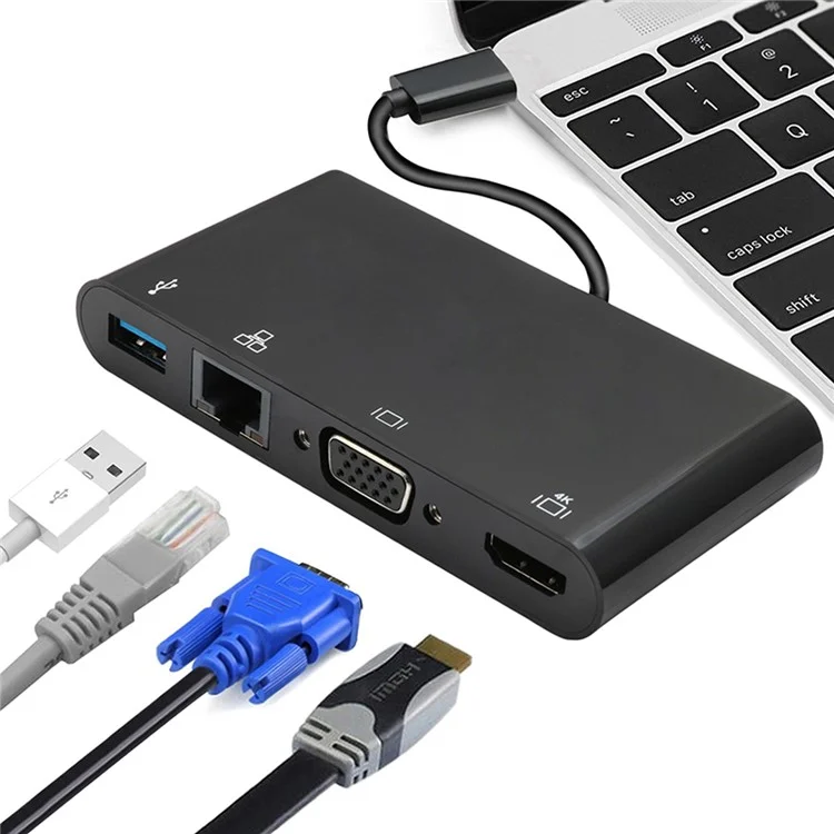 CY UC-078-WH Type-C to HDMI + VGA + RJ45 + USB3.0 Hub - Black