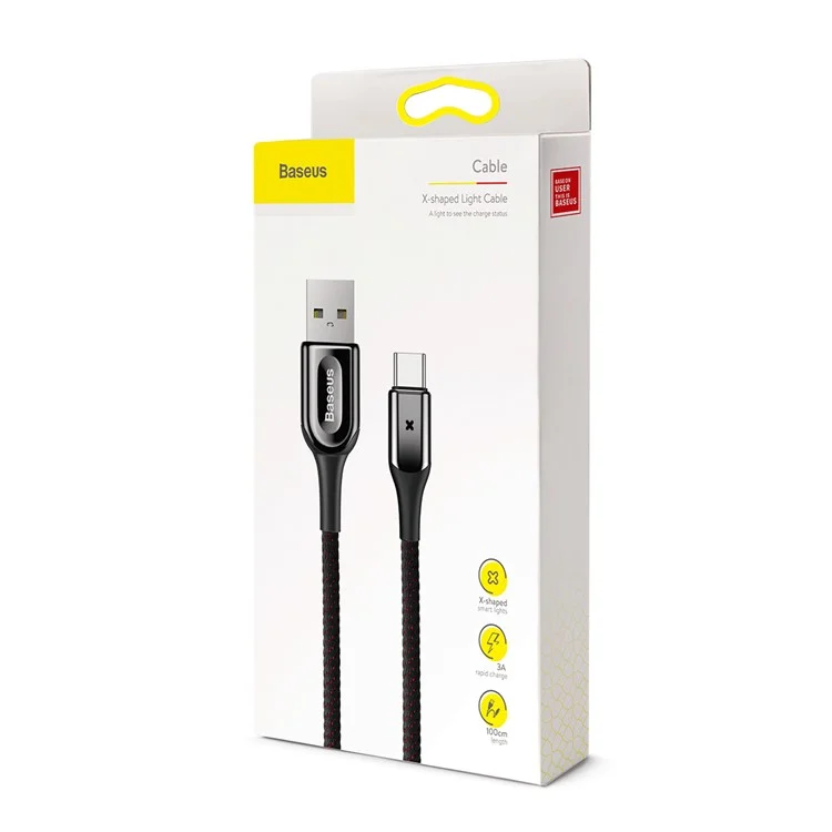 BASEUS 3A 1M X-shape Light Type-C Data Sync Charge Woven Cord for Samsung HTC Huawei - Black