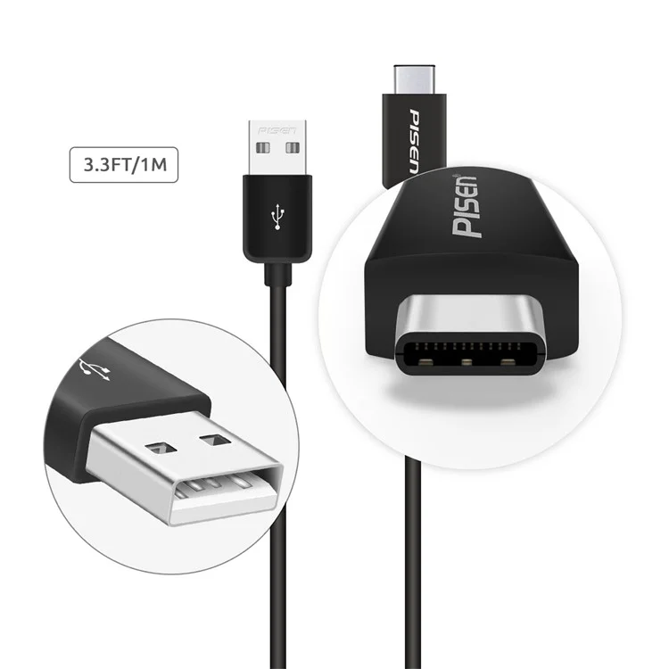 PISEN 1.0M Type-C USB Data Sync Charging Cable for Samsung Huawei LG - Black