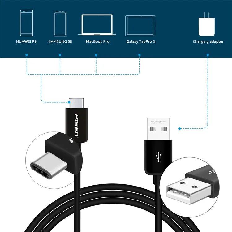 PISEN 1.0M Type-C USB Data Sync Charging Cable for Samsung Huawei LG - Black
