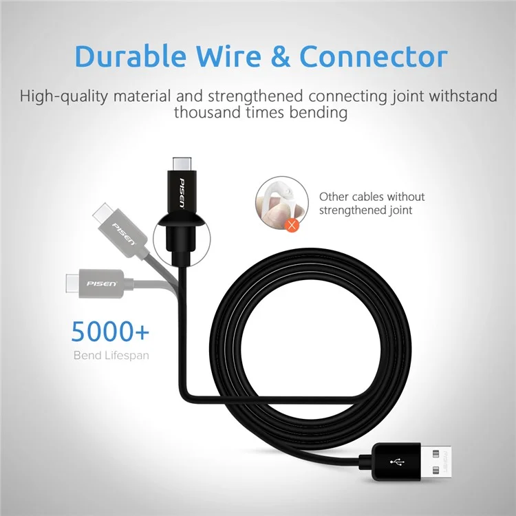PISEN 1.0M Type-C USB Data Sync Charging Cable for Samsung Huawei LG - Black