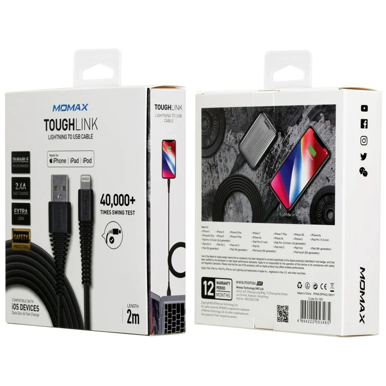 MOMAX Tough Link Apple MFI Certified 2.4A Lightning 8Pin Data Sync Charge Woven Cable 2m