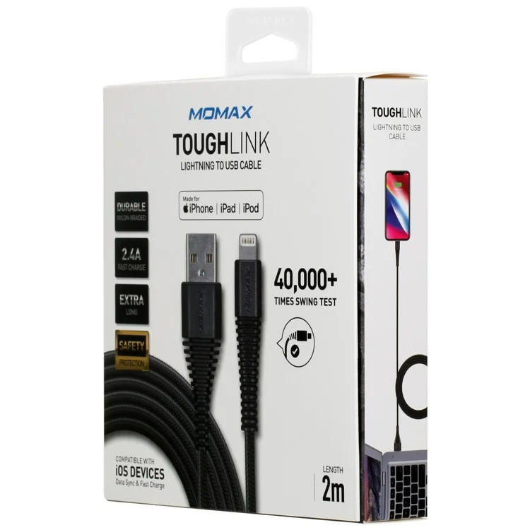 MOMAX Tough Link Apple MFI Certified 2.4A Lightning 8Pin Data Sync Charge Woven Cable 2m