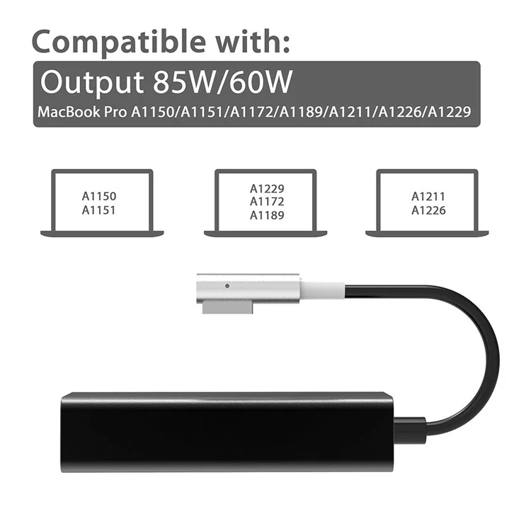 Câble de conversion type-C vers 85W / 60W compatible avec le chargeur MagSafe 1 à embout en L - Noir
