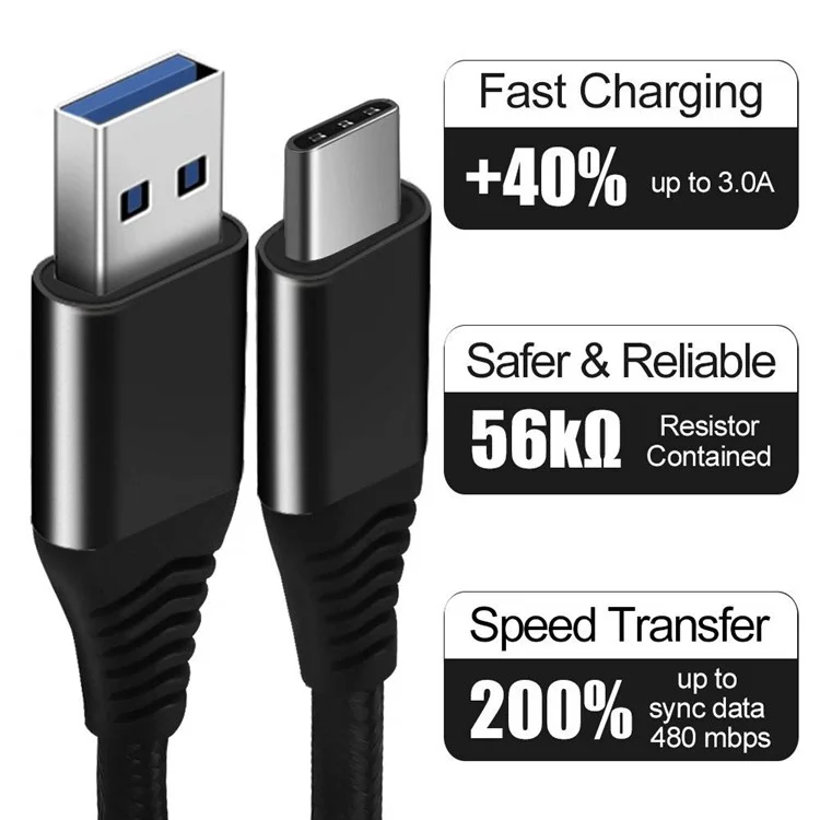 Câble Type-C pour iPhone 15 Series, 1,8 m Tressage en Nylon 3A Type-C USB 3.0 Câble de Transfert de Données et de Charge pour Xiaomi Huawei - Noir