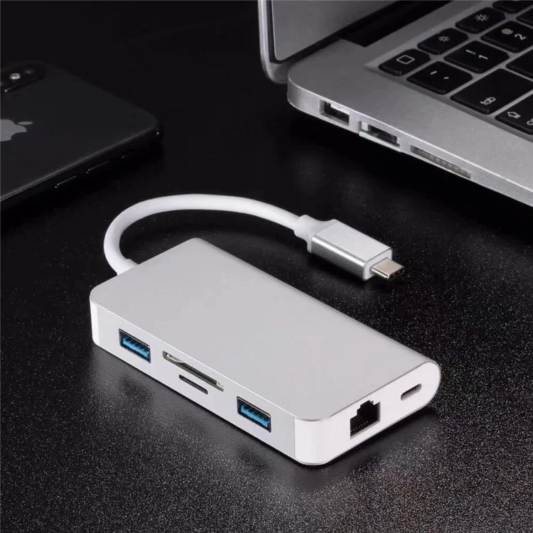 CY UC-089 6-in-1 USB-C Type-C to RJ45 + USB3.0*2 Ports Hub + TF/SD Card Reader + Type-C Charger Multiport Adapter - White
