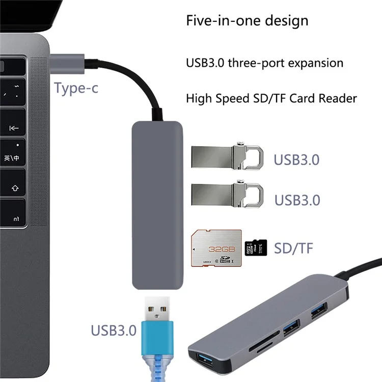 Hub 5 em 1 Tipo-c- Com 3 Portas USB 3.0 + TF/SD Card Reader Para Laptop Macbook