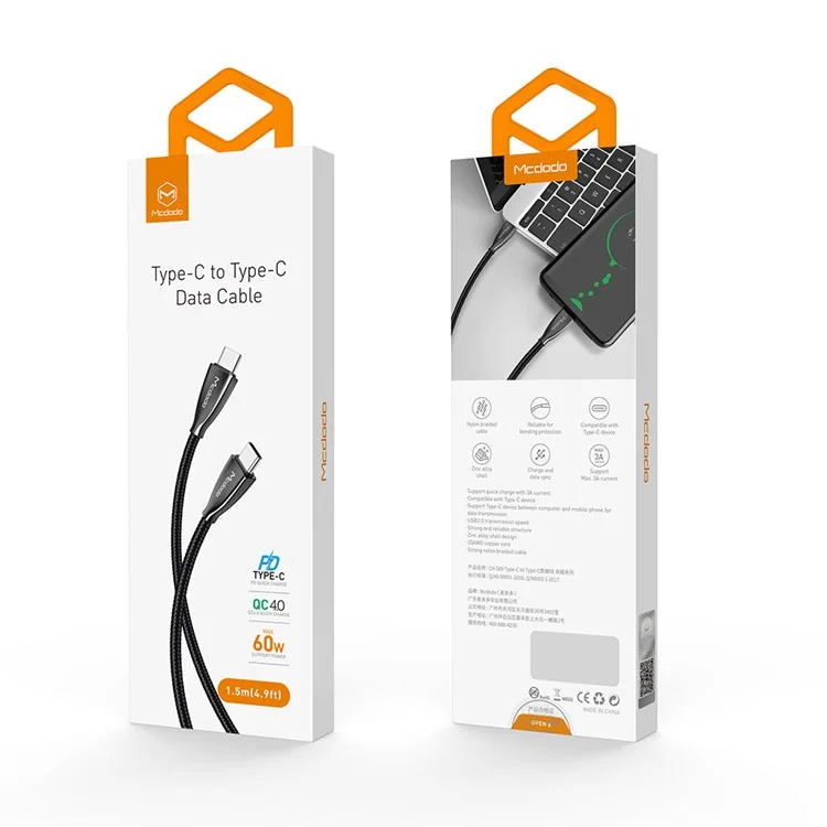 Câble de charge rapide MCDODO en nylon tressé de 2 m de type C vers type C pour iPhone 15 Série, Samsung, Huawei, HTC - Noir