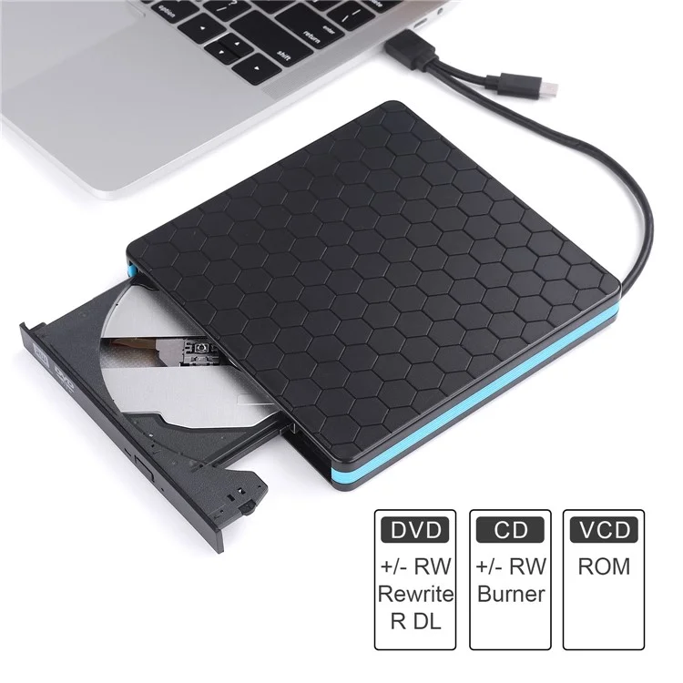 External CD DVD Drive Burner Player to USB 3.0 Type-C Portable Slim DVD/CD Rom RW Rewriter/Writer/Reader