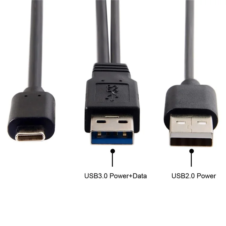 CY UC-125 USB Type-C to USB 3.0 Male & USB 2.0 Dual Power Data Y Cable for Laptop & Hard Disk