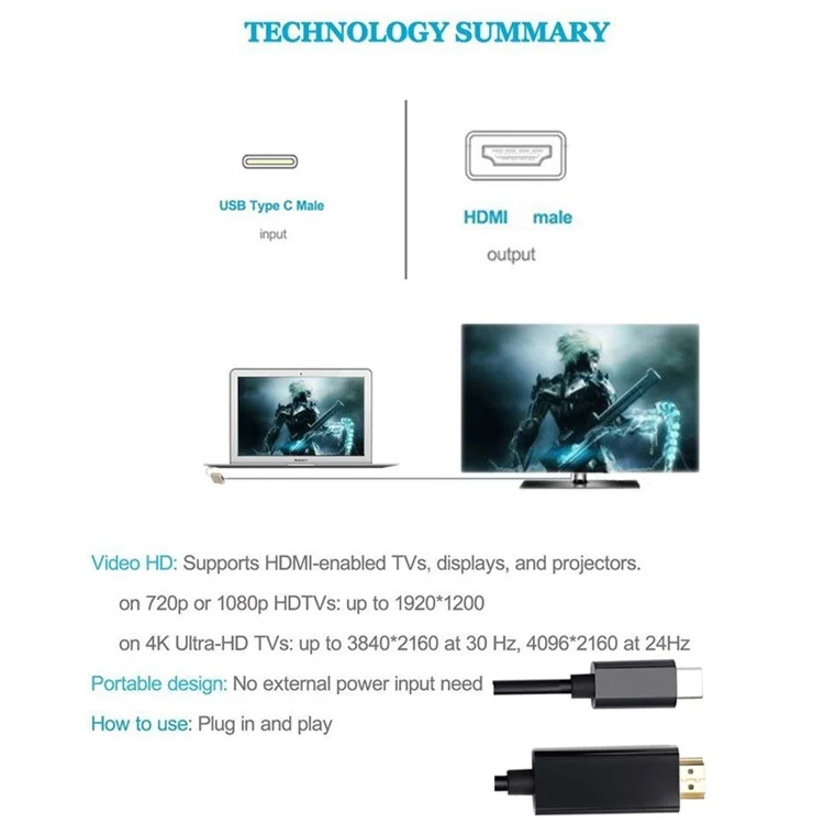 USB-C USB 3.1 Type-C Male to HDMI Male 4K Ultra-HD Adapter Cable 1.8m