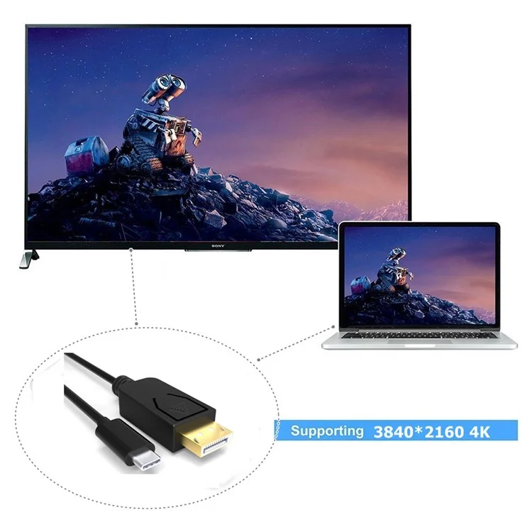 Type-C USB 3.1 Male to DisplayPort DP Male 4K UHD Adapter Cable 1.8m - Black