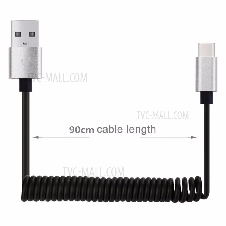 90cm USB 2.0 to Type C Charge Data Transfer Coiled Cable for Samsung Galaxy C9 Pro/Huawei Mate 9 - Silver Color