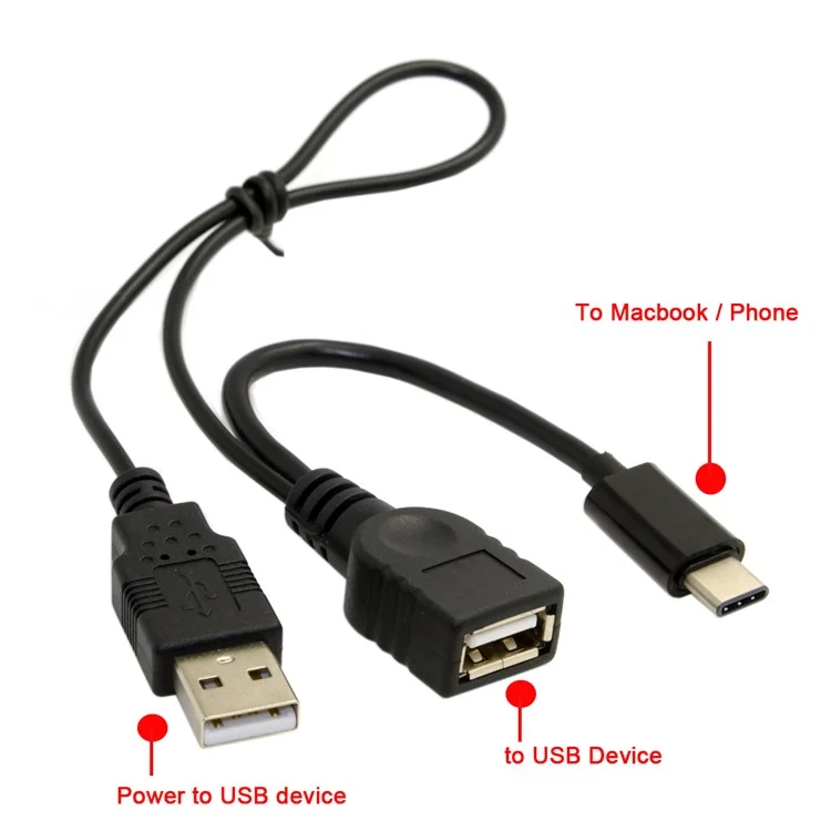 USB 3.1 Type-C to USB 2.0 Female OTG Data Cable with Extral Power - Black