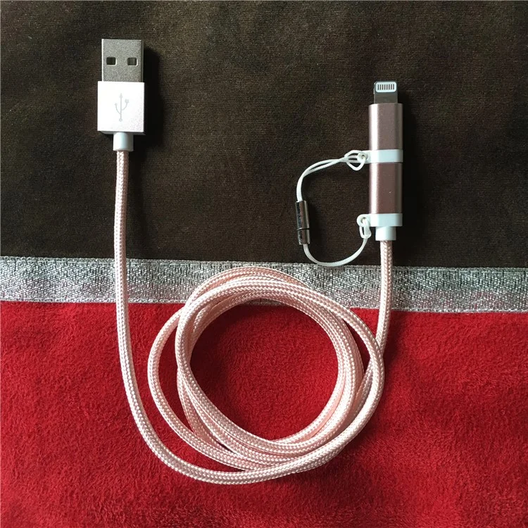 D8 MFI Certified 2-in-1 Lightning 8pin & Micro USB Nylon Braided Data Charging Cable 1M - Rose Gold Color