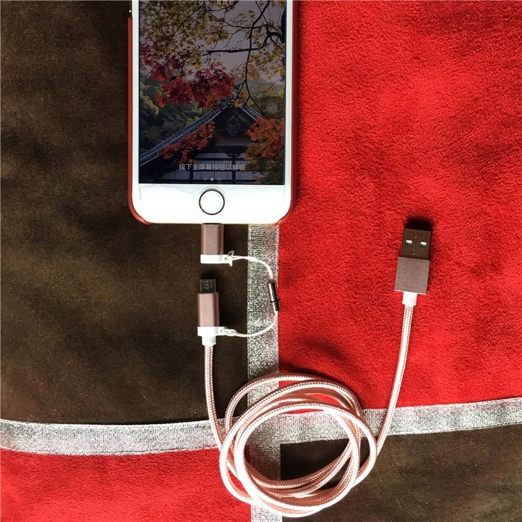 D8 MFI Certified 2-in-1 Lightning 8pin & Micro USB Nylon Braided Data Charging Cable 1M - Rose Gold Color