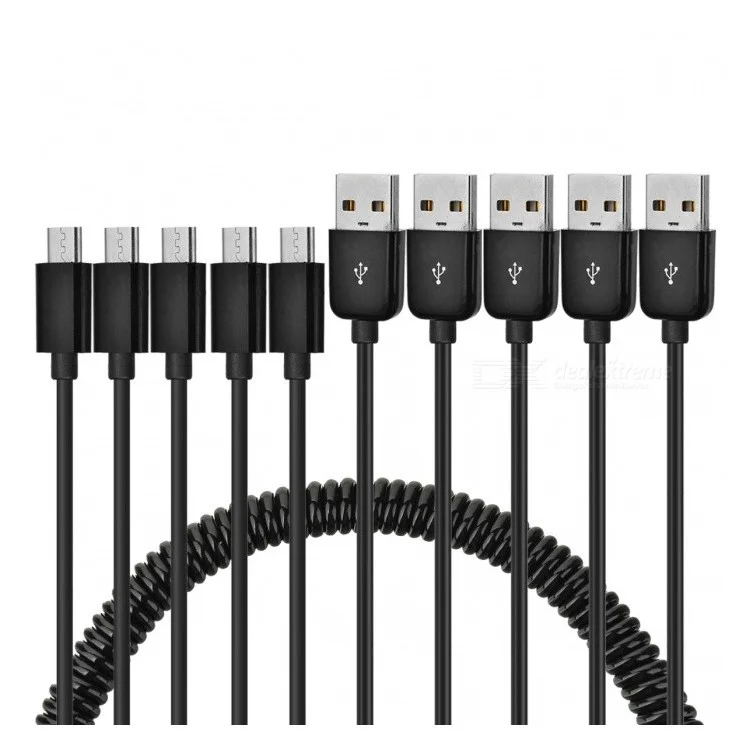 5Pcs/Set Retractable Spring Style 2.5M Micro USB Data Sync Charging Cables - Black