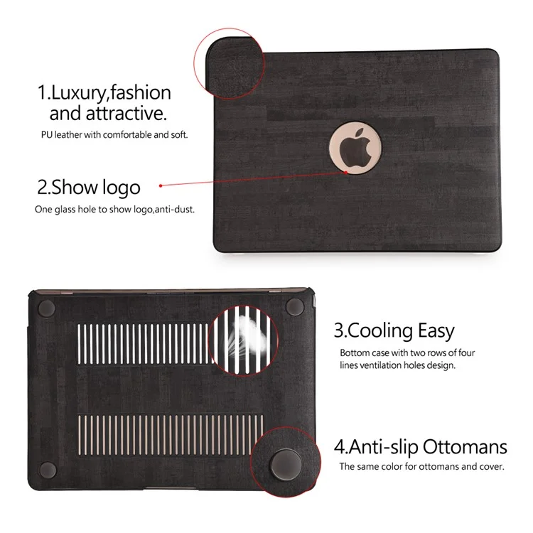 Vivid Wood Leather Skin Hard Case for Macbook Pro 13.3 with Retina Display - Black
