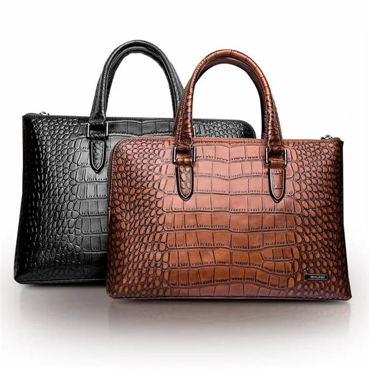 QIALINO Crocodile Cowhide Leather Business Bag for 13.3-inch Apple MacBook - Brown