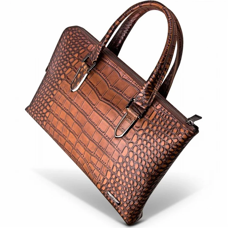 QIALINO Crocodile Cowhide Leather Business Bag for 13.3-inch Apple MacBook - Brown