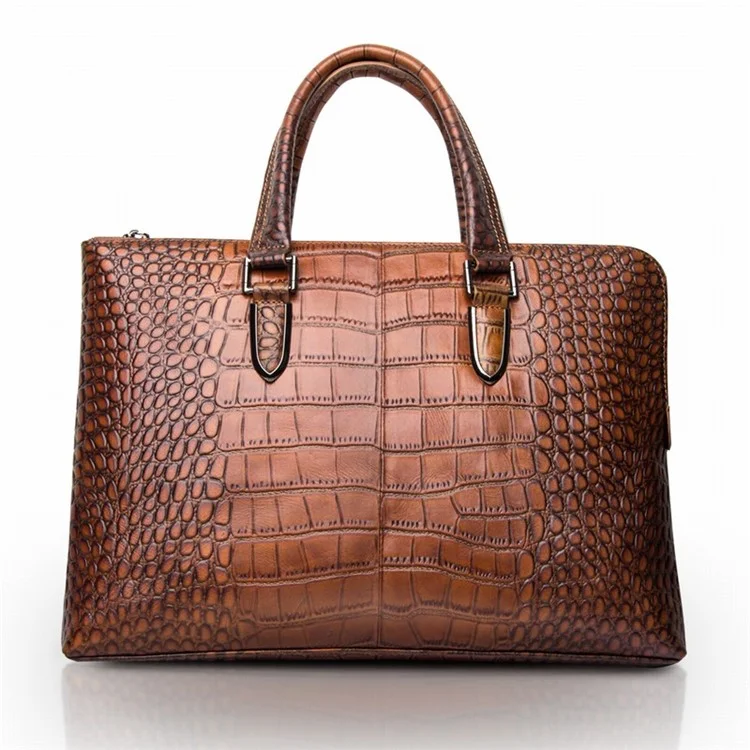 QIALINO Crocodile Cowhide Leather Business Bag for 13.3-inch Apple MacBook - Brown