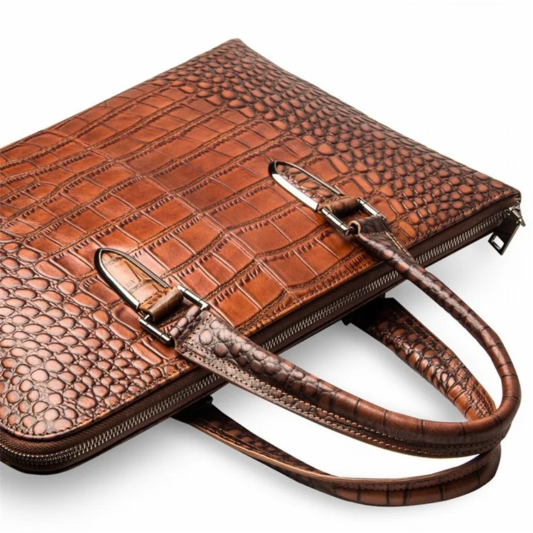 QIALINO Crocodile Cowhide Leather Business Bag for 13.3-inch Apple MacBook - Brown