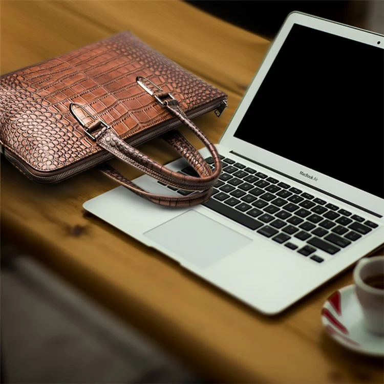QIALINO Crocodile Cowhide Leather Business Bag for 13.3-inch Apple MacBook - Brown