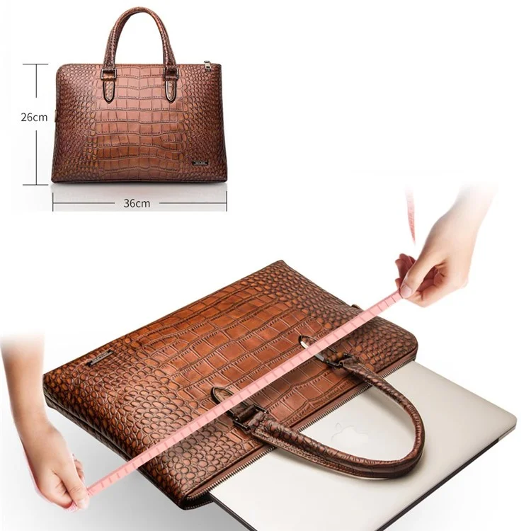 QIALINO Crocodile Cowhide Leather Business Bag for 13.3-inch Apple MacBook - Brown