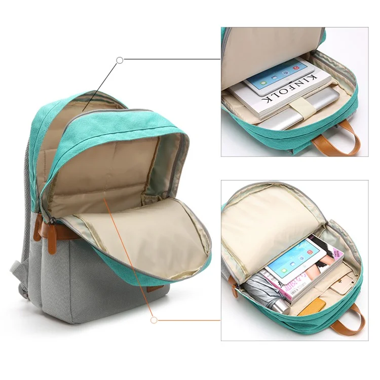 TUGUAN Contrast Color School Bag Nylon Backpack Laptop Rucksack - Cyan / Grey